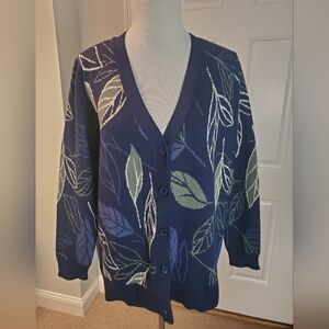 Denim And Co Jacquard Blue Leaf-Pattern V-Neck Button Cardigan Sweater